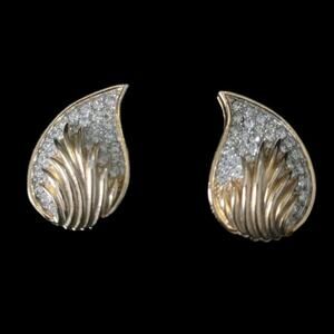 Vintage 1960's Kenneth Lane clip on earrings pave rhinestone leaf with flames